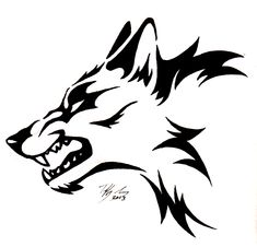 a black and white drawing of a wolf's head