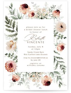 an elegant floral bridal shower is shown in the center of this white and pink wedding card