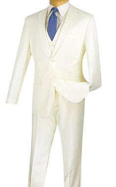 Command attention in the Formalita Collection Men's Slim Fit Vested Suit in Pristine Ivory. The single-breasted, 2-button design exudes a timeless charm, elevated by the inclusion of a matching vest. Tailored in a luxurious, Ivory hue, this suit is the epitome of elegance and sophistication. The slim fit cut allows for a contemporary and flattering silhouette, with the vest adding an additional layer of refinement. Featuring side vents for enhanced comfort and flat-front pants for a sleek look, Suit 3 Piece, Single Breasted Suit, Slim Fit Suit Men, Banded Collar Shirts, Suits Men Business, French Cuff Shirts, Slim Fit Tuxedo, Style Finder, Flat Front Pants