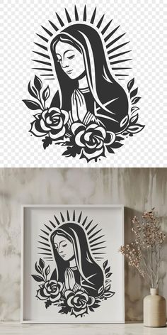 an image of the virgin mary with roses in front of it on a shelf next to a