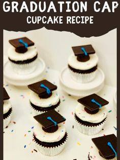 graduation cap cupcakes with chocolate frosting and sprinkles