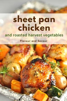 sheet pan chicken and roasted harvest vegetables with text overlay that reads sheet pan chicken and roasted harvest vegetables