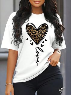 White Casual Collar Short Sleeve Knitted Fabric Geometric,Heart,Leopard Print,Letter,Textured Pattern  Embellished High Stretch Summer Women Clothing Plus Size Summer Casual, Shirts Women Fashion, Sleeves (women), White Casual, Top Casual, Print T Shirts, Daily Outfits, Casual T Shirts, Fashion Online Shop