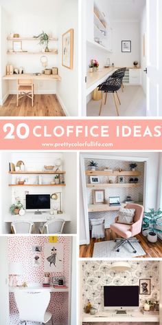 the collage shows many different types of home office furniture and decor, including desks