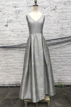 Pewter V neck Silk Shantung Ball Gown Dress Perfect Objects, Silk Shantung Dress, Silver Ball Gown, Shantung Silk Dress, Shantung Dress, Long Ball Gown, Obi Sash, Ball Gown Dress, Silk Dupioni