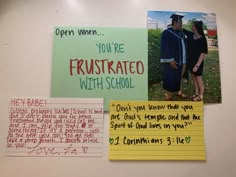 post - it notes are attached to a bulletin board with pictures and words on them