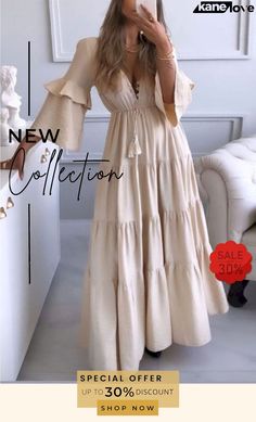 V-neck Lace Up Dress Solid Maxi Dress Flowy V-neck Summer Dress, Elegant V-neck Maxi Dress For Vacation, Bohemian V-neck Maxi Dress For Day Out, Flowy V-neck Dress For Day Out, Elegant Flowy V-neck Dress For Vacation, Beige V-neck Sundress Maxi Dress, Flowy V-neck Boho Dress For Day Out, Beige Maxi V-neck Dress For Summer, V-neck Sundress Maxi Dress For Brunch