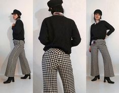 "Vintage '60s black 'n' white houndstooth tweed trousers. Thicker/heavier-weight woven wool. Low rise with side zipper. Flared bell bottom legs. Zips and buttons at side. Fully lined. DETAILS-----> Era: '60s Fabric: wool MEASUREMENTS-----> Tag: n/a - no size marked - should fit a size small - medium Waist: 13\" - snug 13.5\" Rise: 9\" Hips: 18.5\" Inseam: 28.5\" Total Length: 37\" Leg Opening: 11.25\" CONDITION-----> In excellent vintage condition. No flaws to note. *Model is a size xs/ Black And White Houndstooth Pants Outfit, Houndstooth Trousers Outfit, Black And White Trousers Outfit, Plaid Pants Outfit Work, Houndstooth Pants Outfit, White Trousers Outfit, 1960s Black And White, 60s Fabric, Campus Fashion