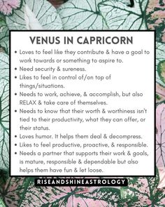 the words venus in capricorn on top of pink and green leafy leaves