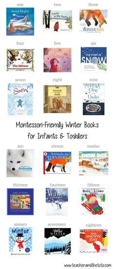 the montesso friendly winter books for infants and toddlers are shown in this poster