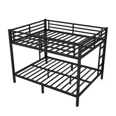 a black metal bunk bed frame with no mattresses on the top and bottom level