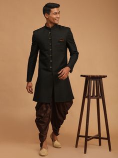 Vastramay mens black and coffee color texture pattern sherwani set Traditional Black Kurta For Groom, Black Sherwani For Groom On Eid, Traditional Drape Black Kurta For Groom, Black Dabka Sherwani For Groom, Black Traditional Wear With Resham Embroidery For Groom, Black Traditional Wear With Resham Embroidery For Wedding, Semi-formal Embroidered Traditional Wear, Black Traditional Wear For Groom On Eid, Black Sherwani For Diwali Formal Occasions