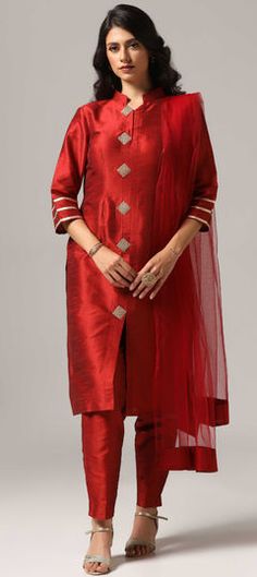 Red and Maroon color Salwar Kameez in Raw Silk fabric with Gota Patti, Lace, Stone work Red Kurta With Sheer Dupatta For Wedding, Wedding Red Kurta With Sheer Dupatta, Red Anarkali Formal Sets, Formal Red Anarkali Set, Formal Red Sets With Sheer Dupatta, Elegant Red Chanderi Churidar, Red Unstitched Suit With Sheer Dupatta, Semi-stitched Red Unstitched Suit With Sheer Dupatta, Red Fitted Churidar With Sheer Dupatta