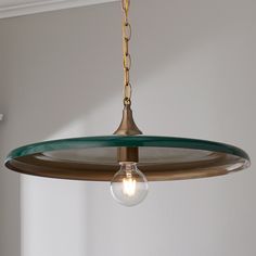 a light fixture hanging from a ceiling with a glass globe on the bottom and a metal ring around it