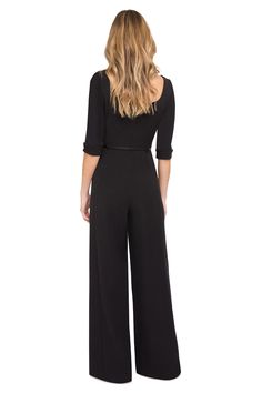 Laurel Berman's iconic Black Halo Jackie O Jumpsuit updated as a wide-leg jumpsuit with 3/4 sleeves is perfect for the office or an evening out. Designed and Manufactured in the USA of imported fabrics. Black Halo Jackie O Dress, Sheath Dresses, Black Halo, Jackie O, Genuine Leather Belt, Wide Leg Jumpsuit, Black Jumpsuit, Sheath Dress, The Office