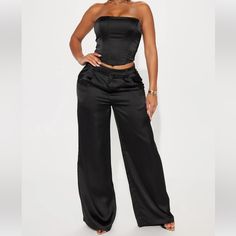 Never Worn Fashion Nova Two Piece Pant Set Adriana Satin Pant Set - Black Brand New With Tags Chic High-waisted Pants Set For Night Out, Casual Party Sets With High-waisted Pants, Chic Sets For Night Out With Long Pants, Chic Black High Waist Sets, Chic Black High-waist Sets, Elegant High Waist Black Sets, Casual High Waist Sets For Night Out, Casual High-waisted Outfit Sets For Night Out, Casual Party Sets With Trousers