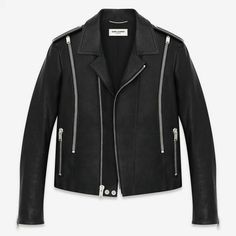 SAINT LAURENT          PARIS L15 Signature Zip Biker Racer Jacket Size:  FR 38 / US 6 Signature Saint Laurent leather jacket with epaulets, off-center zip closure, 2 functional zippers along chest and zip pockets and cuffs.  100% Calf-skin leather.  Made in Italy. Shoulders:  15.25 inches Bust:  18 inches Length:  19.5 inches Sleeve:  23 inches  MSRP:  $5,290 + tax Luxury Winter Biker Jacket With Zipper Closure, Modern Biker Jacket With Zipper For Streetwear, Modern Winter Biker Jacket With Zip Cuffs, Luxury Leather Jacket With Zipper For Streetwear, Leather Outerwear With Asymmetrical Zip For Streetwear, Designer Leather Jacket With Zipper Closure, Asymmetrical Zip Leather Outerwear For Streetwear, Luxury Biker Jacket With Zipper Closure For Fall, Luxury Biker Jacket With Zipper For Fall