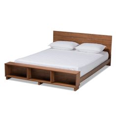 a bed with two drawers on each side and a white pillow in the middle, against a white background