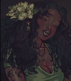 a drawing of a woman with flowers in her hair and piercings around her neck