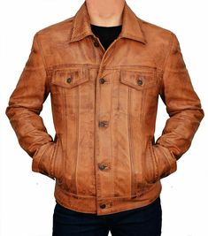 #ad Premium Men's Brown Trucker Vintage Jacket Classic Style Real Lambskin Leather Jacket, Fashion Mens Jacket Long Sleeve Leather Jacket With Pockets, Single Breasted Leather Biker Jacket For Fall, Leather Single Breasted Biker Jacket For Fall, Leather Biker Jacket With Lapel Collar For Fall, Classic Soft Leather Outerwear For Fall, Brown Leather Jacket With Snap Buttons And Lapel Collar, Fall Leather Single Breasted Biker Jacket, Leather Jacket With Buttons And Long Sleeves, Fall Leather Biker Jacket With Lapel Collar