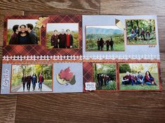 an open scrapbook with pictures of people and trees on the pages, sitting on a wooden table