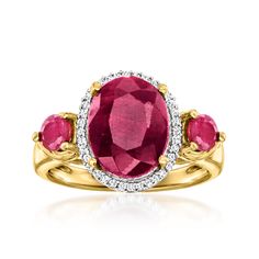 Ross-Simons - 4.50ct t. w. Ruby Ring, .14ct t. w. Diamonds Over Sterling. Size 9. Gemstone glamour is yours with this classic ring, featuring a 3.90 carat oval ruby haloed by .14 ct. t. w. diamond rounds and flanked by more petite .60 ct. t. w. ruby rounds. Set in polished 18kt yellow gold over sterling silver. 1/2" wide. Diamond and ruby ring. Ruby birthstones are the perfect gift for July birthdays. Diamond And Ruby Ring, Ruby Birthstone, Ring Ruby, July Birthday, Classic Ring, Ruby Ring, Plate Size, Halo, Ruby