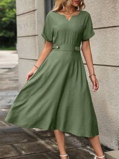 Elevate your style with our Chic and Classic Notched Neckline A-Line Dress. With its button detail and flattering A-line silhouette, this dress is perfect for any occasion. Made from high-quality materials, it exudes elegance and sophistication. Upgrade your wardrobe with this timeless and versatile piece. Color : Army Green Style : Casual Details : Button, Shirred Type : A Line Pattern Type : Plain Sleeve Length : Short Sleeve Neckline : Notched Sleeve Type : Roll Up Sleeve Waist Line : High Wa A-line Midi Dress With Covered Buttons, Casual Dresses With Button Closure, Casual Solid Dress With Button Closure, Casual Solid Dress With Button Cuffs, Chic A-line Dress With Button Cuffs, Casual Solid Midi Dress With Buttons, Casual Midi Length Dress With Button Back, Casual V-neck Midi Dress With Button Cuffs, Casual Button Back Midi Dress