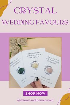 the flyer for crystal wedding favors is shown in purple and white with flowers on it