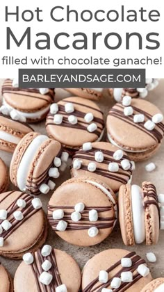 chocolate macarons are filled with white and chocolate ganache