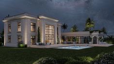 an artist's rendering of a house at night with pool and palm trees in the background