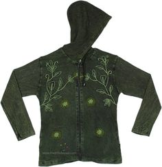 Bohemian green vines jacket layer in a rich deep forest green stonewash hue. This unique cotton jacket features embroidered vines with small floral pattern, adding a touch of bohemian nature enchantment to your wardrobe. #tlb #Patchwork #Stonewash #Jacket #bohemianfashion #Handmade #ButterflyHippieJacket Bohemian Cotton Hooded Outerwear, Bohemian Hooded Top For Fall, Winter Green Tops With Floral Embroidery, Green Floral Embroidery Tops For Winter, Green Top With Floral Embroidery For Winter, Green Floral Embroidered Tops For Winter, Green Long Sleeve Hippie Outerwear, Hippie Style Long Sleeve Cotton Outerwear, Green Casual Festival Outerwear