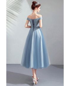 Buy Dusty Blue Tulle Tea Length Party Dress Off Shoulder With Lace at wholesale price online. Free shipping and pro custom service since 2009. Light Blue Fitted A-line Evening Dress, Blue A-line Midi Dress For Prom Season, Light Blue Knee-length Dress For Banquet, Blue Knee-length Dress For Prom Season, Formal Light Blue A-line Midi Dress, Fitted A-line Light Blue Evening Dress, Light Blue Dresses With Fitted Bodice For Banquet, Light Blue Knee-length Prom Dress, Light Blue Formal Evening Dress For Summer