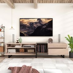 a living room scene with focus on the entertainment center and mountains in the back ground