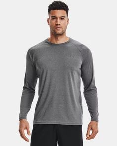 Men's UA Velocity Long Sleeve Gray Moisture-wicking Activewear For Sports Season, Technical Gray Activewear With Go-dry Technology, Gray Activewear With Breathable Mesh For Workout, Gray Breathable Mesh Activewear For Workout, Casual Athletic Heather Go-dry Tops, Casual Go-dry Athletic Heather Top, Casual Gray Breathable Activewear, Casual Moisture-wicking Activewear For Sports, Casual Activewear For Training During Sports Season