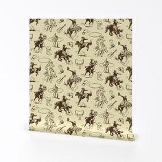 a paper bag with cowboys on it is shown in brown and cream colors, as well as an image of a cowboy riding a horse