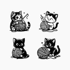 four black and white images of cats playing with balls of yarn, one is knitting the other