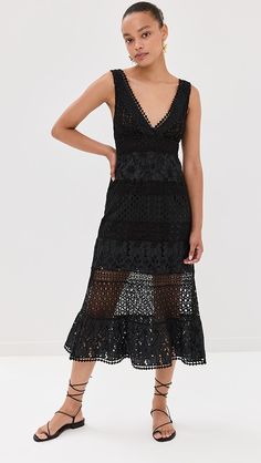 Temptation Positano Morganite Dress | Shopbop Fitted V-neck Crochet Dress With Lace Trim, Black V-neck Dress With Contrast Lace, Chic Cocktail Dresses With Contrast Lace, Knee-length Lace Dresses With Contrast Lace, Fitted V-neck Crochet Dress For Party, Chic V-neck Midi Dress With Scalloped Lace, Summer Party Midi Dress With Contrast Lace, Black Fitted V-neck Crochet Dress, Fitted Maxi Length Lace Dress With Scalloped Lace