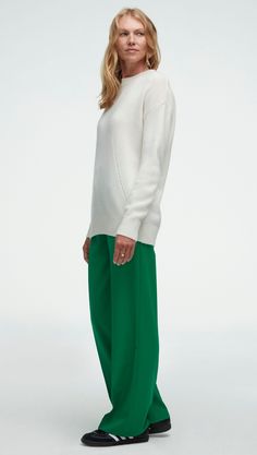 Steep yourself in everyday comfort with our Oversized Sweater. Using the softest traceable wool cashmere yarn and a relaxed fit, our crewneck cut is wearable from office to living room and back again. Additional touches include elongated rib cuffs, subtle pointelle patterning, and fashioning marks. White Cashmere Everyday Sweater, Oversized Cashmere Soft Knit Sweater, White Relaxed Fit Cashmere Sweater, White Textured Knit Cashmere Sweater, Cashmere Ribbed Funnel Neck Sweater, Ribbed Funnel Neck Cashmere Sweater, Relaxed Fit Cashmere Sweater With Ribbed Detail, Cashmere Sweater Women, Good To See You