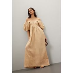 Beige Nazdarobia (100% Linen). Casual dress. Three-quarter sleeves. Off-the-shoulder. Pull-on closure. 55" from shoulder to hemline. Imported. Formal Maxi Dress With 3/4 Sleeves For Summer, Off-shoulder Puff Sleeve Dress For Summer Formal, Chic Off-shoulder Beige Maxi Dress, Beige Off-shoulder Chic Maxi Dress, Chic Beige Off-shoulder Maxi Dress, Beige Off-shoulder Maxi Dress For Brunch, Elegant Off-shoulder Short Sleeve Dress For Brunch, Elegant Short Sleeve Off Shoulder Dress For Brunch, Elegant Off Shoulder Short Sleeve Dress For Brunch