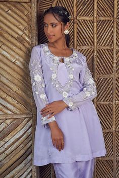 Dull lilac kurta with white sequin, bead, zardozi embroidery in floral pattern. Paired with straight fit pant and dupatta. - Aza Fashions Lavender Embroidered Traditional Wear For Eid, Festive Elegant Lavender Kurta, Festive Lavender Elegant Kurta, Festive Purple Hand Embellished Sets, Festive Hand Embellished Purple Sets, Festive Hand-embellished Purple Sets, Hand Embellished Purple Wedding Sets, Traditional Lavender Dress With Chikankari Embroidery, Traditional Hand Embellished Purple Sets