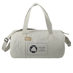 a white duffel bag with the words your logo on it