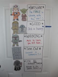 the door is decorated with star wars characters and sayings for each child's favorite character