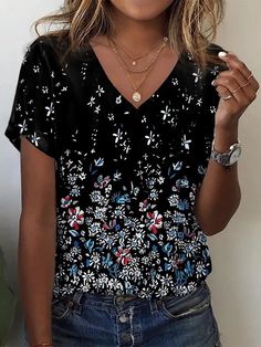 Women's 2024 Spring Summer V-Neck Floral Print Tee Loose T-Shirt 5XL Black Floral Print Casual T-shirt, Black Printed V-neck Top, Black V-neck Short Sleeve Top For Spring, Relaxed Fit V-neck T-shirt With Floral Print, Casual Black T-shirt With Floral Print, Casual Black Floral Print T-shirt, Relaxed Fit Floral Print V-neck T-shirt, Black Floral Print Short Sleeve Tops, Floral Print V-neck T-shirt With Relaxed Fit