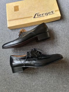 Unworn good quality shoes in original box. Clerget made in France. Ad third picture is from the year 1958. Size on shoe 8 Heel to toe inside 27,5 cm Ball of foot widest point outside 9,7 cm Heels 2,9 cm incl sole Please compare to similar item of your own, make measurements of similar shoes you have to compare and see if they will fit. Don't pay attention on sizing on these shoes because vintage sizing can vary.  Black soft leather, all flexible.  All sales are final, no returns. Please ask all Leather Shoe Laces, Lace Shoes, Leather Lace, Vintage Leather, Leather And Lace, On Shoes, Made In France, Shoe Laces, Soft Leather