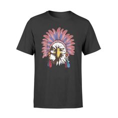 an american eagle with feathers on it's head wearing a black t - shirt