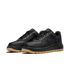 Nike Air Force 1 Luxe Black Gum DB4109-001 Black Nike Air Force 1 With Gum Sole, Black Sneakers With Gum Sole For Outdoor, Masculine Black Low-top Sneakers, Nike Air Force 1 Negras, Nike Trainers Mens, Nike Air Force 1 Luxe, Yellow Trainers, Nike Factory, Tenis Nike Air