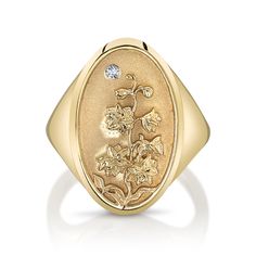 DESCRIPTION The July Birth Flower Signet Ring features a larkspur, the flower symbolizing positivity and an open heart. Shaped like a vintage saint charm with a detailed relief carving and sparkling diamond, this statement ring is handmade with love in Los Angeles. Show love to your favorite July baby (or yourself!) with this perfect addition to your everyday collection. Note that this piece is handmade to order. Please allow for a 3-4 week lead time as we craft this special ring. Due to the cus Heirloom Birth Flower Jewelry, Heirloom Style Signet Ring With Rose Cut Diamonds, Heirloom Rose Gold Signet Ring With Engraving Option, July Birth Flower, Relief Carving, July Baby, Organic Cleaning Products, Baguette Ring, Special Ring