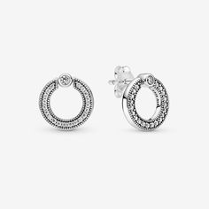 Pandora Pavé & Logo Circle Reversible Stud Earrings | Sterling Silver | 299486C01 Pandora Earrings Studs, Pandora Pave, Pandora Logo, Logo Circle, Pandora Earrings, Circular Frame, Bracelet Pandora, Circle Earrings Studs, Silver Logo