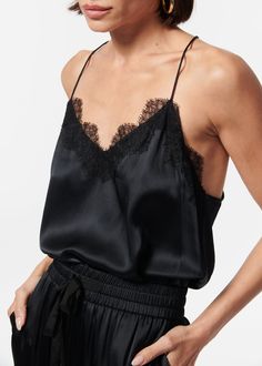 V-neckline with delicate french lace trim Racerback Unlined Silk Camisole Top, Cami Nyc, White Cami, Black Camisole, The Perfect Day, Black Camis, Lace Neckline, Silk Charmeuse, Lace Cami