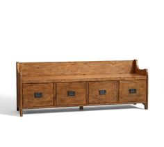 a wooden bench with four drawers on one side and an open drawer on the other